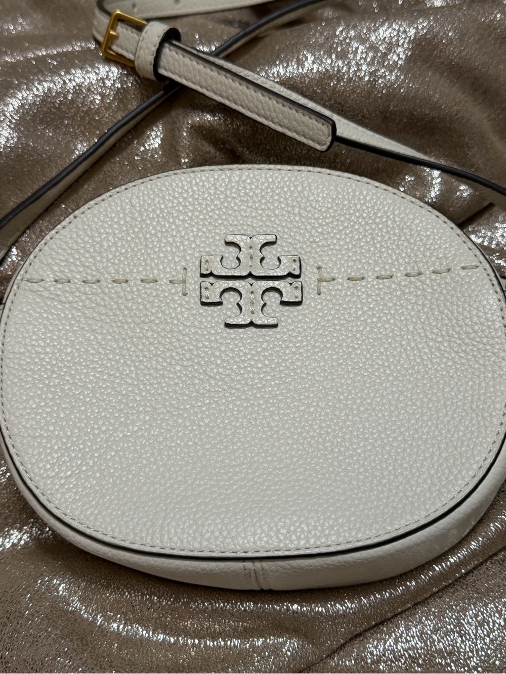 Tory Burch Cream Pebbled Leather Round Crossbody with Gold Logo
